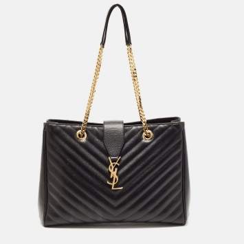 Pre Owned Saint Laurent Black Matelasse Leather Cassandre Shopper Tote