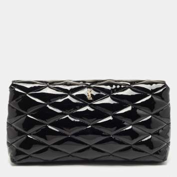 Pre Owned Saint Laurent Black Quilted Patent Leather Sade Puffer Envelope Clutch