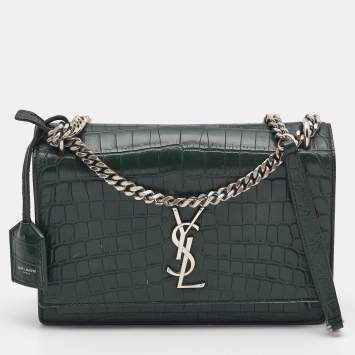 Saint Laurent Green Croc Embossed Leather Medium Sunset Shoulder Bag