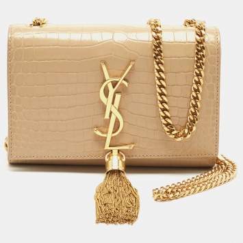 Pre Owned Saint Laurent Beige Croc Embossed Leather Small Kate Tassel Crossbody Bag