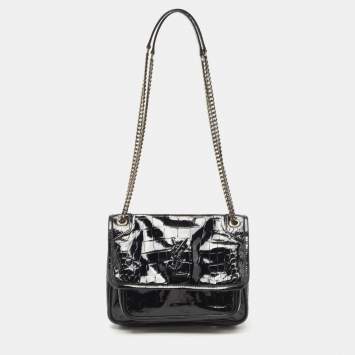 Pre Owned Saint Laurent Black Croc Embossed Patent Leather Baby Niki Chain Shoulder Bag