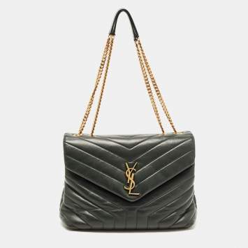 Pre Owned Saint Laurent Dark Green Matelassé Leather Medium LouLou Shoulder Bag