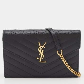 Pre Owned Saint Laurent Black Leather Uptown Wallet on Chain