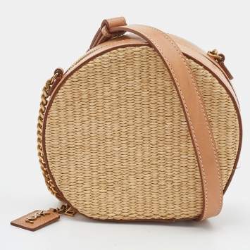 Pre Owned Saint Laurent Beige/Tan Raffia and Leather Small Mica Crossbody Bag 