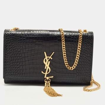 Saint Laurent Black Croc Embossed Leather Kate Tassel Shoulder Bag