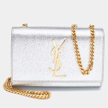 Saint Laurent Silver Leather Small Kate Chain Shoulder Bag