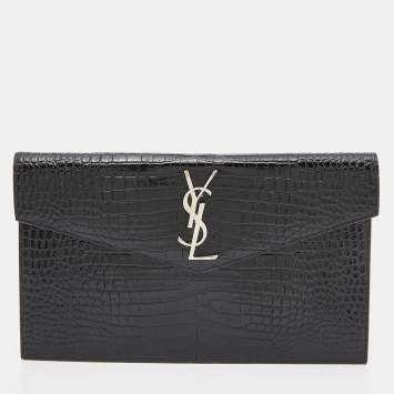 Pre Owned Saint Laurent Black Croc Embossed Leather Medium Uptown Clutch