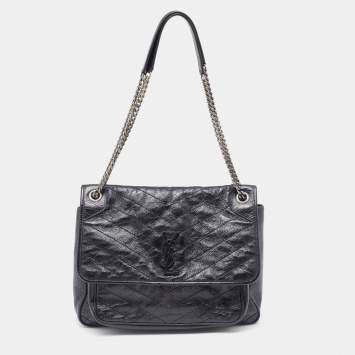 Pre Owned Saint Laurent Black Crinkled Leather Large Niki Shoulder Bag