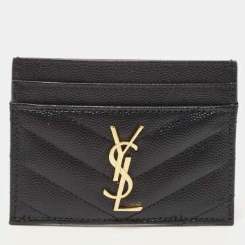 Pre Owned Saint Laurent Black Matelassé Leather Monogram Card Holder