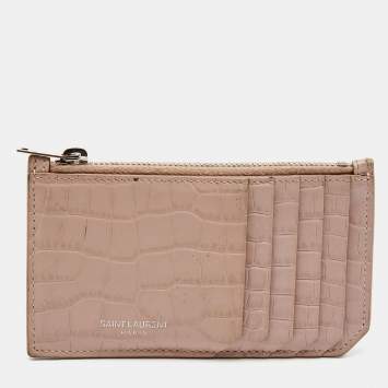 Pre Owned Saint Laurent Beige Croc Embosses Leather Zip Card Holder