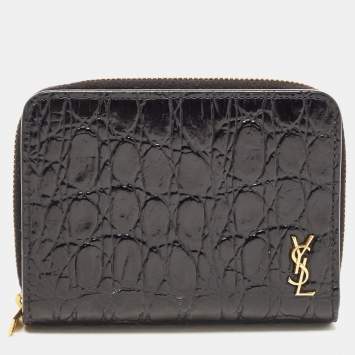 Pre Owned Saint Laurent Black Croc-Embossed Leather Zip Around Compact Wallet