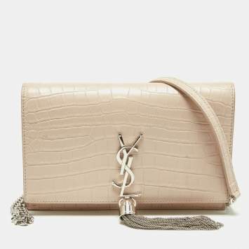 Pre Owned Saint Laurent Pink Croc Embossed Leather Kate Tassel Chain Wallet