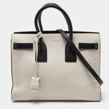 Pre Owned Saint Laurent Off White/Black Leather Small Classic Sac De Jour Tote