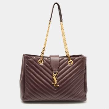 Pre Owned Saint Laurent Burgundy Chevron Leather Classic Monogram Shopping Tote