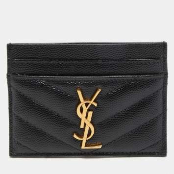 Pre Owned Saint Laurent Black Matelassé Leather Monogram Card Holder