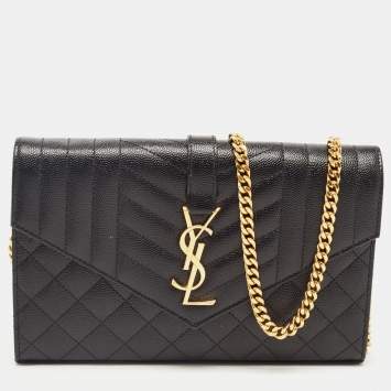 Pre Owned Saint Laurent Black Mix Matelassé Leather Monogram Envelope Wallet on Chain