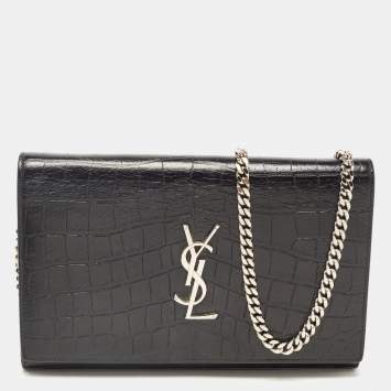 Pre Owned Saint Laurent Black Croc Embossed Leather Kate Clutch