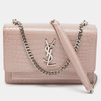 Pre Owned Saint Laurent Lilac Croc Embossed Leather Sunset Wallet On Chain