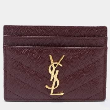 Pre Owned Saint Laurent Burgundy Matelasse Leather Monogram Card Holder