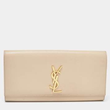 Pre Owned Saint Laurent Beige Leather Cassandra Flap Clutch 