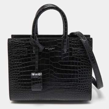 Pre Owned Saint Laurent Black Croc Embossed Leather Nano Classic Sac De Jour Tote