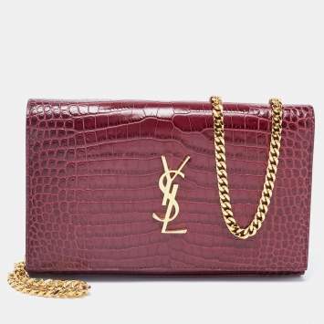 Pre Owned Saint Laurent Burgundy Croc Embossed Leather Chain Clutch