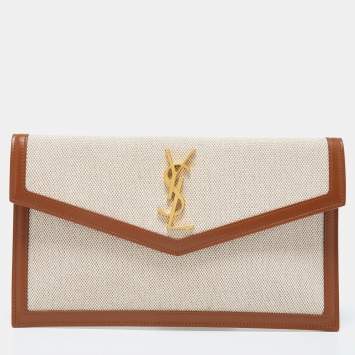 Pre Owned Saint Laurent Beige/Brown Canvas and Leather Uptown Slim Clutch