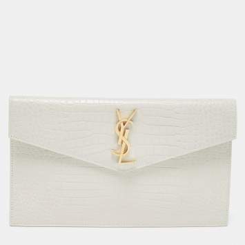 Pre Owned Saint Laurent Ivory Croc Embossed Leather Medium Uptown Pouch