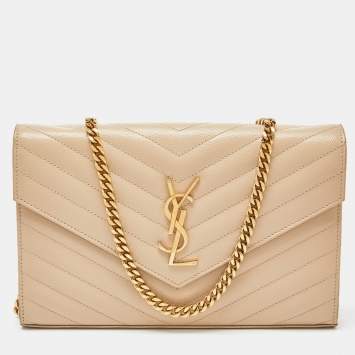 Pre Owned Saint Laurent Beige Matelasse Leather Monogram Envelope Wallet on Chain