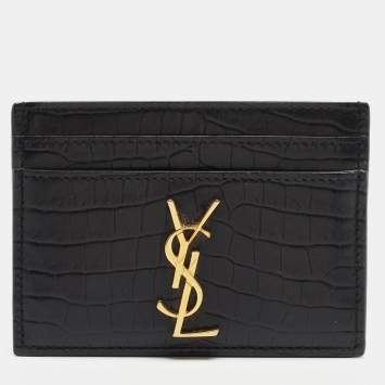 Pre Owned Saint Laurent Black Croc Embossed Leather Monogram Card Holder