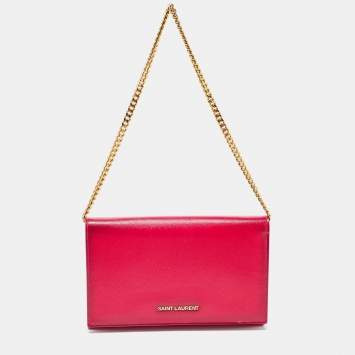 Pre Owned Saint Laurent Fuchsia Textured Patent Leather Classic Wallet on Chain