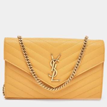 Pre Owned Saint Laurent Mustard Matelassé Leather Monogram Envelope Wallet on Chain