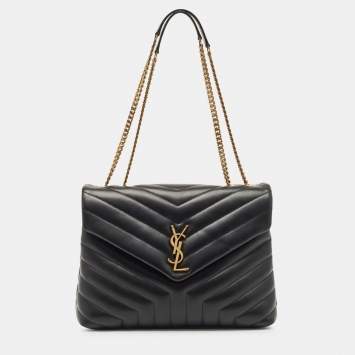 Pre Owned Saint Laurent Black Matelassé Leather Medium LouLou Shoulder Bag