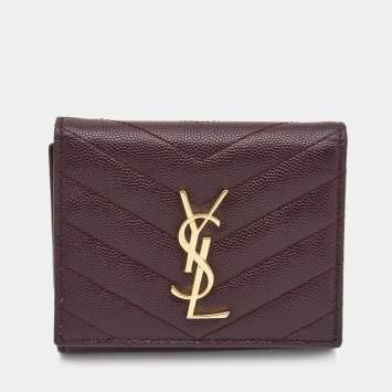 Pre Owned Saint Laurent Burgundy Matelassé Leather Monogram Trifold Wallet