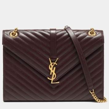 Pre Owned Saint Laurent Burgundy Matelassé Leather Large Monogram Envelope Shoulder Bag