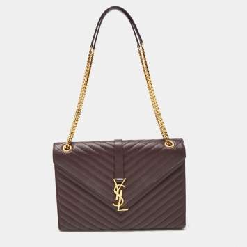 Pre Owned Saint Laurent Burgundy Matelassé Leather Large Monogram Envelope Shoulder Bag