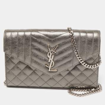 Pre Owned Saint Laurent Metallic Mix Matelassé Leather Monogram Envelope Wallet on Chain