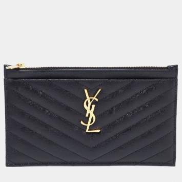 Pre Owned Saint Laurent Black Matelassé Leather Monogram Zip Clutch 