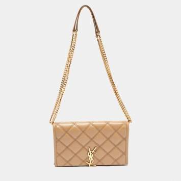 Pre Owned Saint Laurent Tan Quilted Leather Becky Wallet On Chain