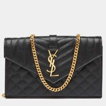 Saint Laurent Black Mix Matelassé Leather Monogram Envelope Wallet on Chain