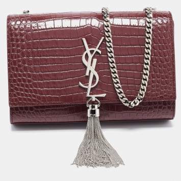 Pre Owned Saint Laurent Burgundy Croc Embossed Leather New Medium Kate Shoulder Bag