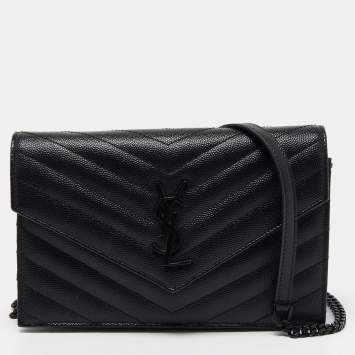 Saint Laurent Black Matelasse Leather Monogram Envelope Wallet on Chain