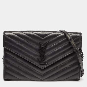 Saint Laurent Black Matelasse Leather Monogram Envelope Wallet on Chain