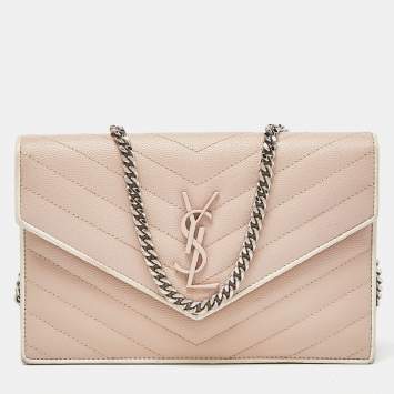 Pre Owned Saint Laurent Pink Matelassé Leather Monogram Envelope Wallet on Chain