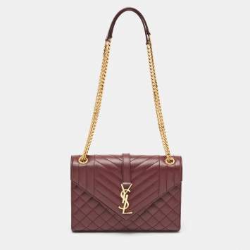 Pre Owned Saint Laurent Burgundy Mix Matelasse Leather Medium Envelope Chain Bag