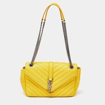 Pre Owned Saint Laurent Yellow Matelasse Leather Medium College Flap Bag