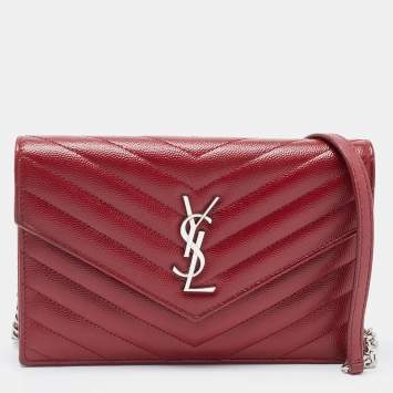 Saint Laurent Dark Red Matelasse Leather Monogram Envelope Wallet on Chain