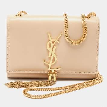 Pre Owned Saint Laurent Beige Leather Kate Tassel Flap Chain Crossbody Bag