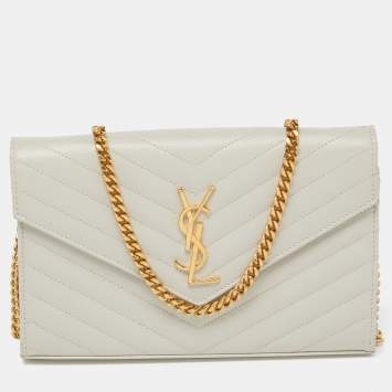 Pre Owned Saint Laurent Off White Matelasse Leather Monogram Chain Clutch