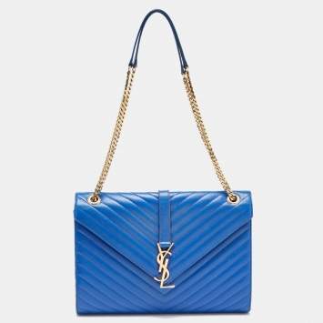 Pre Owned Saint Laurent Blue Matelassé Leather Large Monogram Envelope Shoulder Bag